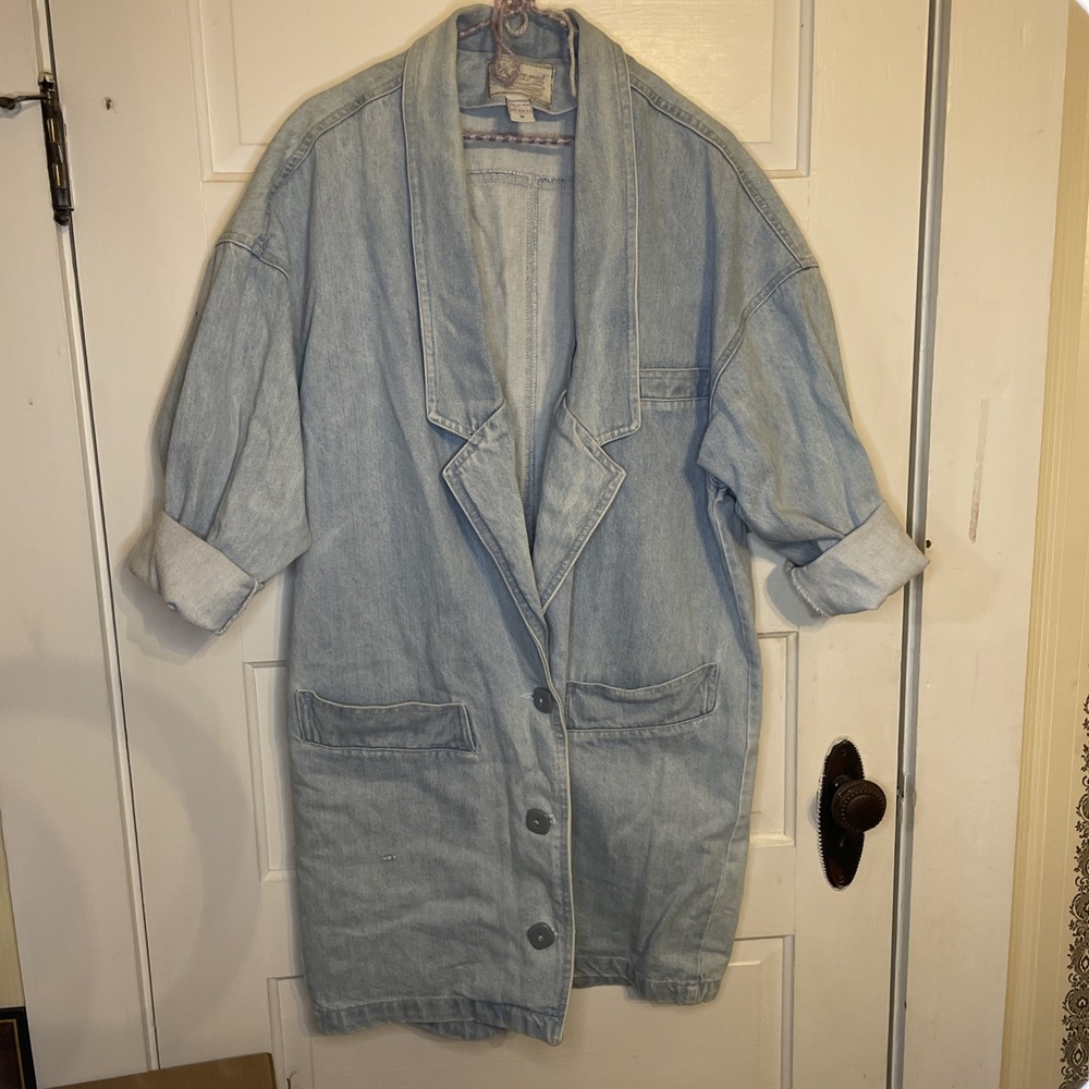Denim Jacket Heavy Weight Light Wash Duster Deep Pockets Button M